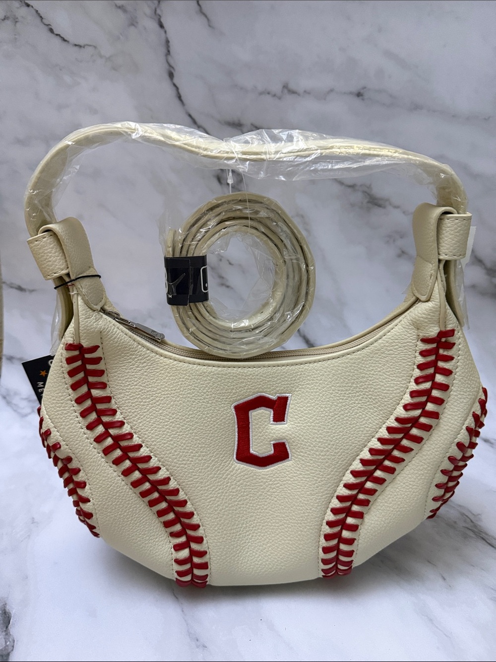 Montana West Cream Shoulder Bag with Red Baseball Stitching and 'C' Applique